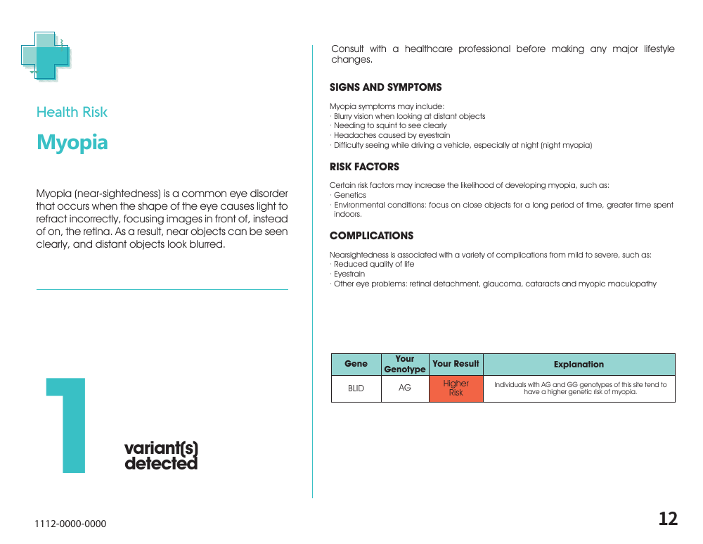 GeneKids Complete sample health page explaining myopia context, signs, risk factors and the individual result